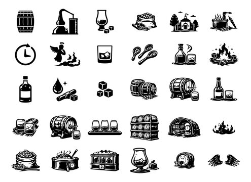 Whisky Distillery Icons Set &ndash; Whiskey Barrel, Copper Still, Tasting Glass, Angel&rsquo;s Share, Aging Process, Bourbon and Scotch Production Symbols