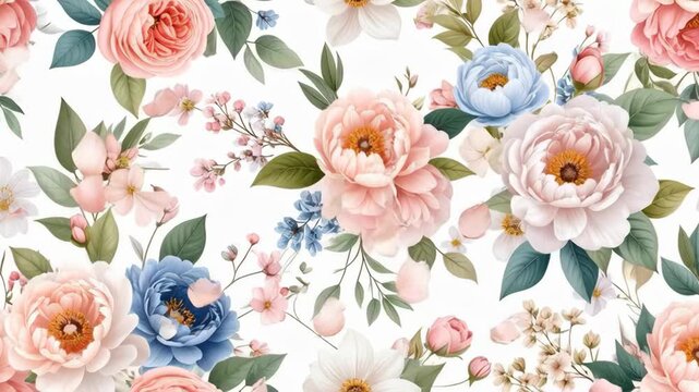 Elegant watercolor floral pattern with peonies and small blossoms in soft pastel colors.