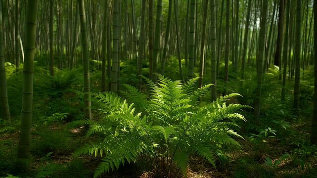 Dense green bamboo forest with a sunlit fern in the foreground