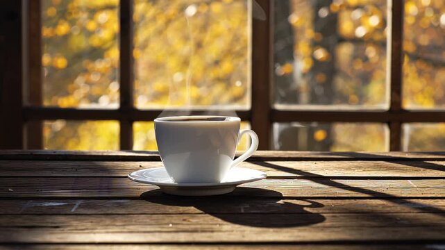 Steaming coffee cup on rustic wooden table, window light creates long shadow, autumn leaves visible outside