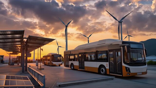 High-quality wide-angle perspective of electric transit buses at a wind farm and solar energy facility, highlighting carbon-neutral travel and innovative technology during a vibrant evening glow Video