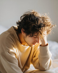 Fototapeta premium Man sits on bed, head resting in hands, eyes closed. Hair messy, wearing beige sweater, light streaming in. Feels tired, stressed, or overwhelmed. Suggests personal downtime, mental health