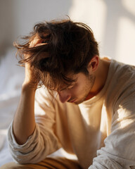 Fototapeta premium Man sits hunched, hand in hair, head down, showing stress or frustration. Sunlight highlights his tousled hair and worn shirt. Emotion conveys exhaustion or mental strain