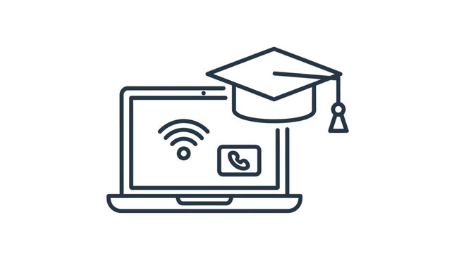 Online Learning Laptop with Graduation Cap, WiFi, and Phone Communication, isolated white background.