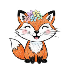 Fototapeta premium Whimsical Fox: A charming illustration of a joyful fox adorned with a floral crown, radiating happiness and playfulness with an adorable smile. 