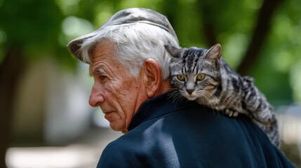 Elderly man cat shoulder grey haired man wearing cap outdoor portrait intimate companion