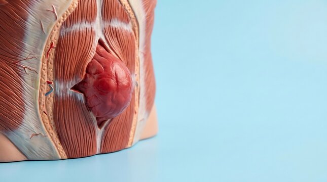 Anatomical model displays a prominent abdominal wall hernia protruding through muscle tissue against a plain light blue background for medical study.
