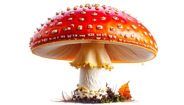 Vibrant Fly Agaric Mushroom with White Spots on Red Cap.
