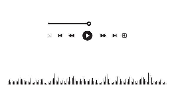 Simple media player interface with minimalist playback icons progress bar and digital sound wave visualization