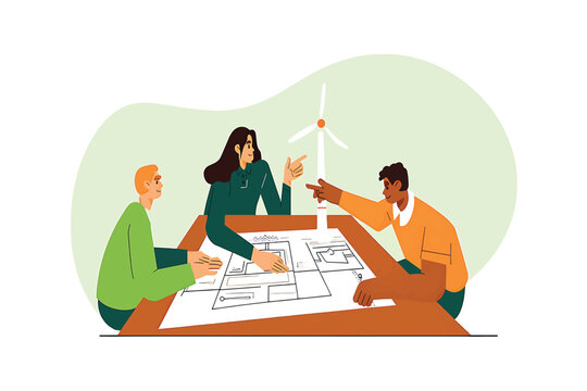 Collaborative team of engineers designing sustainable green energy solutions, focused on environmental planning and innovative future development
