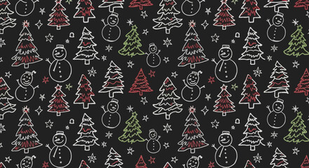 Naklejka premium christmas trees and snowmen seamlessly patterned on a chalkboard background evoking a playful holiday season doodle for winter designs.