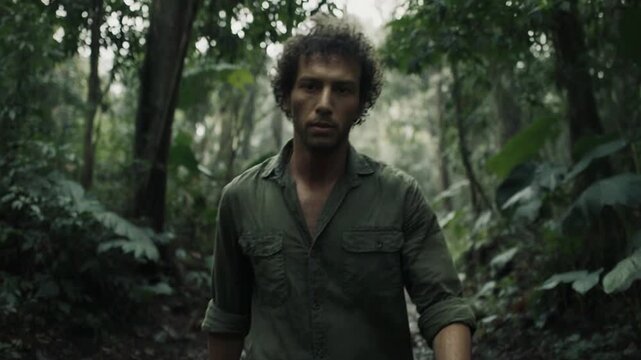 Man exploring the amazon rain fores deep in the jungle the image shows a unexplored an untouched region.