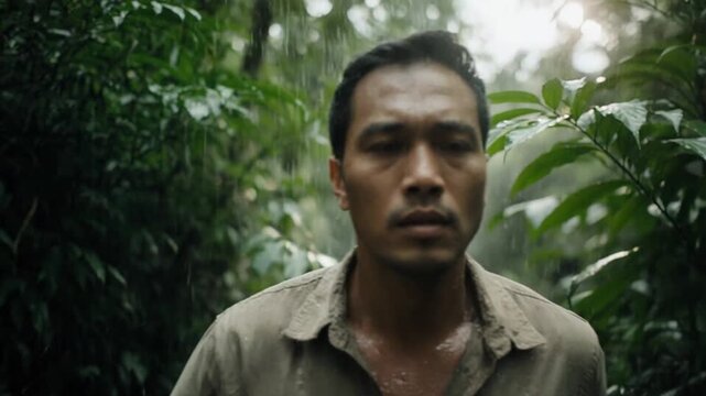 Man exploring the amazon rain fores deep in the jungle the image shows a unexplored an untouched region.