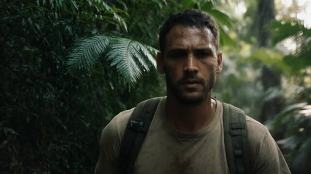Man exploring the amazon rain fores deep in the jungle the image shows a unexplored an untouched region.