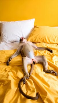 Funny monkey yawning widely while lounging on a bright yellow bed with white pillows