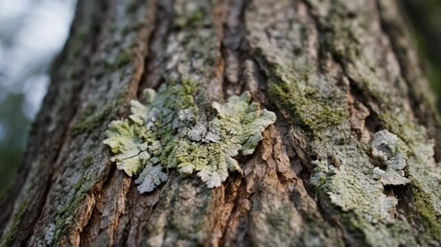 Close up of textured tree bark with lichen natural environment