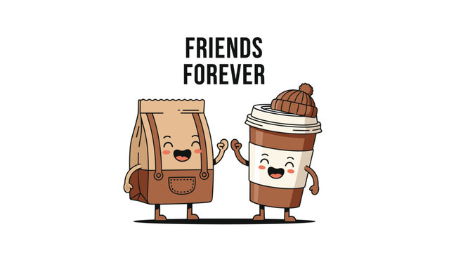 Morning commute friends forever scene featuring a happy paper coffee cup and a smiling brown lunch bag character bumping fists on white.