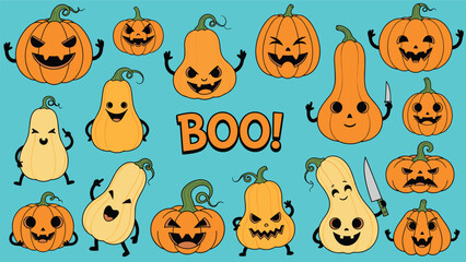 Fototapeta premium Large group of varied pumpkin and squash characters with different faces and expressions gather on a blue background for a fall theme.