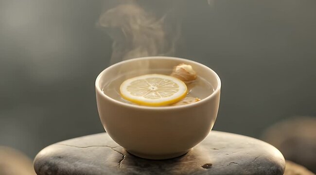 Steaming cup of herbal infusion with lemon slice and ginger root