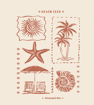 Hand sketch drawing summer beach graphic design. typography beach club slogan print. perfects for tee shirt sweatshirt design. kids boys girls use this print. 