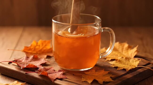 Steaming mug of mulled cider with cinnamon stick on wooden board, surrounded by fall leaves