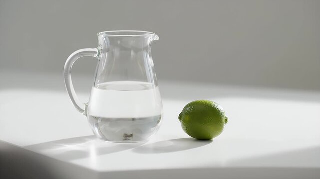 Glass pitcher filled with clear liquid alongside a bright green lime on a white surface
