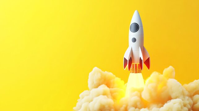 A white rocket ship blasts off into a bright yellow sky with clouds of smoke and flames