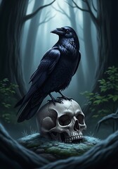 Fototapeta premium Black raven perched on cracked skull in misty forest