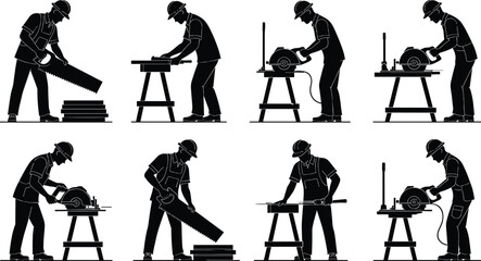 Carpenter working with woodworking tools silhouettes vector set, woodworking workshop craftsman cutting sawing illustration