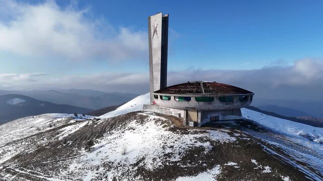 Cinematic aerial drone view of Buzludzha Monument - Bulgaria