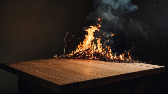 Wooden platform burning with flames on dark studio table.