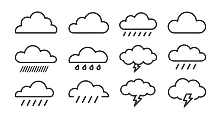 Fototapeta premium Weather icons set vector line style clouds rain and lightning outline symbols for forecast application