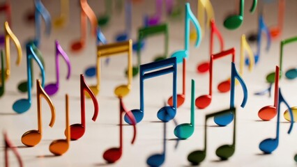 Fototapeta premium Assorted rainbow music notes standing on neutral studio surface.