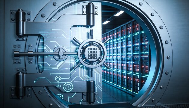 Futuristic Cyber Vault Door Digital Combination Lock Data Storage Security Encrypted Server Protection Financial Cybersecurity Technology Dark Blue