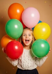 Obraz premium Excited child with colorful balloons girl happy