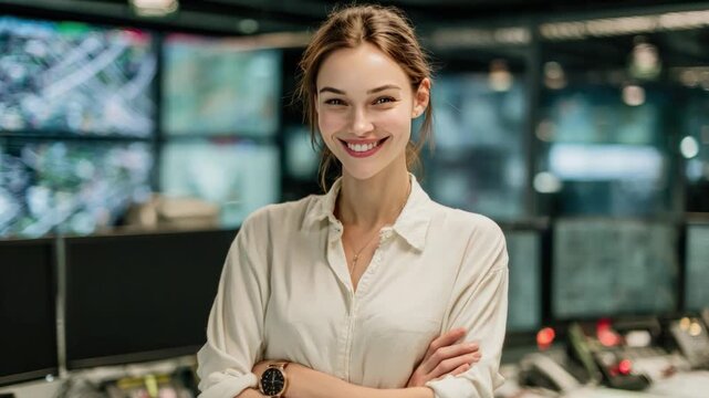 Confident Woman in Command Center: A composed woman with a radiant smile stands confidently in a state-of-the-art command center, embodying poise and control.