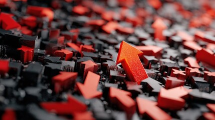 Arrows created in a 3D render draw attention away from a key point in a dark cyber setting with volumetric lighting and a busy background