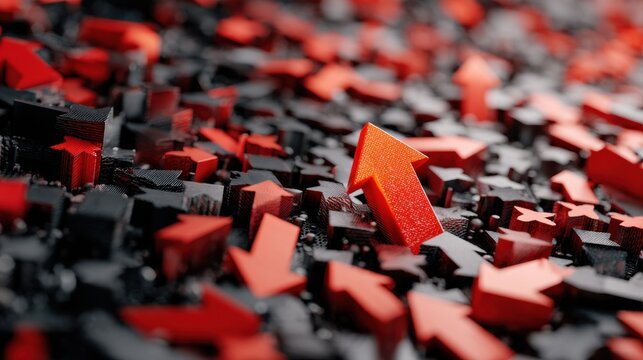 Arrows created in a 3D render draw attention away from a key point in a dark cyber setting with volumetric lighting and a busy background