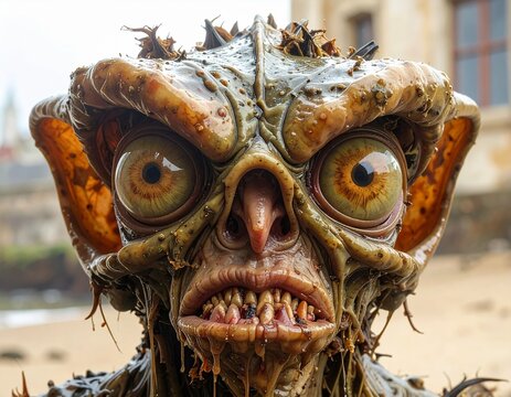 Portrait of green skin monster with large ears and big brow ridges