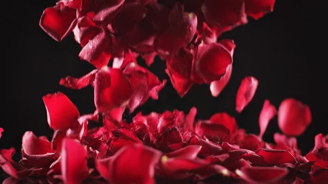 Vibrant red rose petals gracefully falling and scattering against a dark background, creating a romantic and elegant scene.