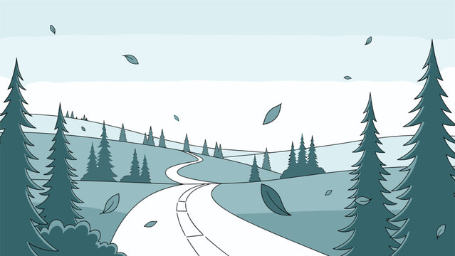 Peaceful scenic view of a long winding road disappearing into a misty forest with leaves falling during the autumn season.