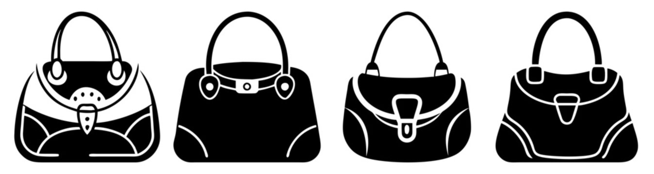 Set of four stylish black handbags with white details isolated on transparent background