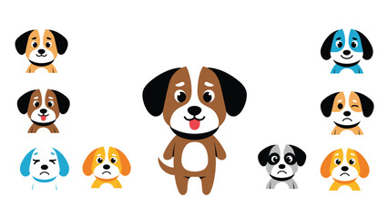 Obraz premium Cute cartoon puppy character surrounded by diverse emoji icons showing different emotions and colors for pet related messaging.