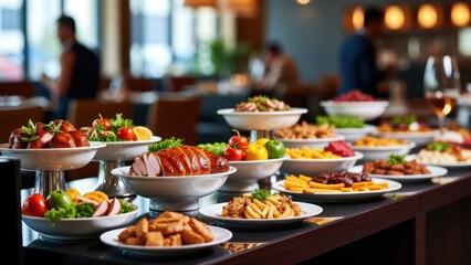 Fototapeta premium Buffet spread with sliced meats and salads on counter.