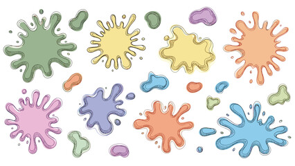 Obraz premium Artistic collection of colorful paint splats and liquid blobs in soft pastel shades for creative background and graphic design.