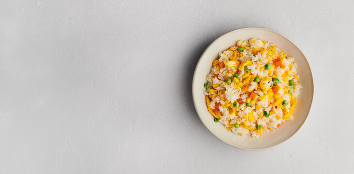 Egg fried rice, top view, copy space