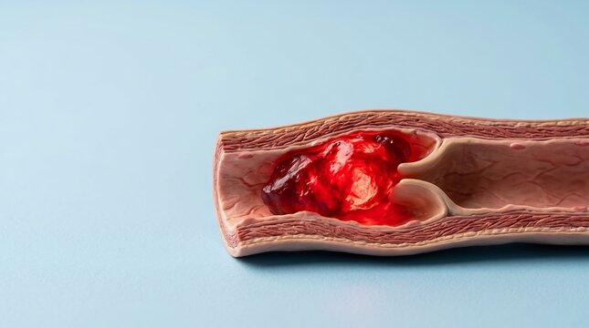 Cross section illustration depicts a blood clot obstructing a biological vessel emphasizing circulatory system blockage risks.