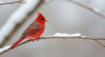 Fototapeta premium Vivid Male Northern Cardinal Perched on Snow-Covered Branch in Winter Scene