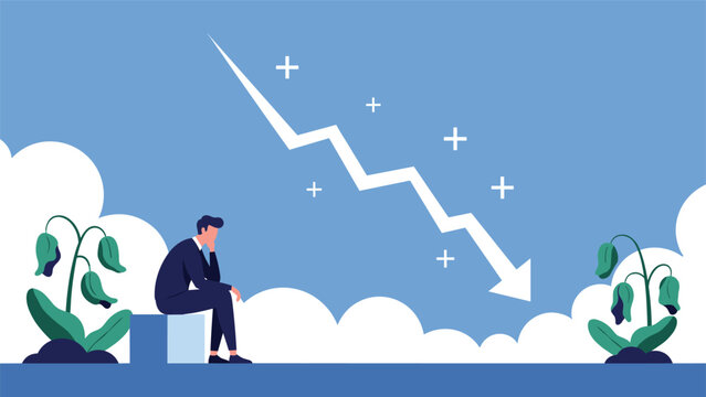 Stressed businessman in a suit sitting in despair as a white arrow graph declines sharply past wilted plants.