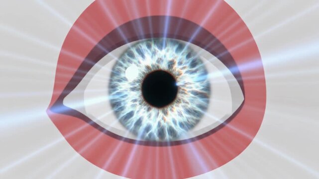 A close-up of a blue human eye with radiant light emanating from the pupil, surrounded by a red circle on a gray background, viewed from the front